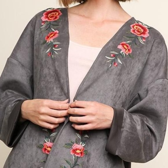 New UMGEE M gray embroidered roses open style sueded texture open tunic jacket - Picture 2 of 7